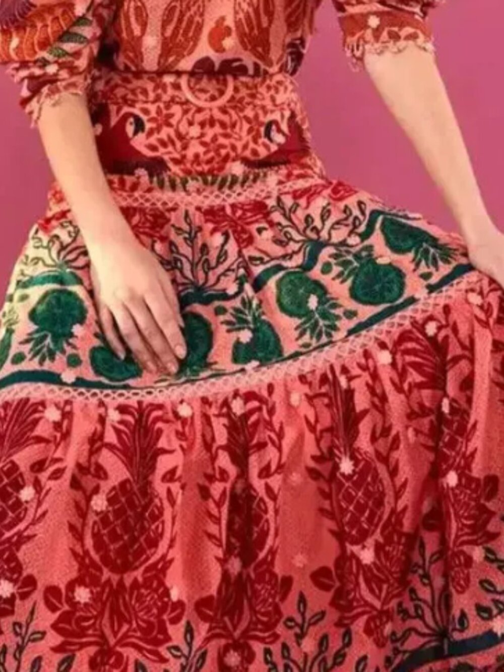 Farm Rio Ainiika Printed Tiered Maxi Skirt with Belt Pink Red Green M NWOT - Picture 15 of 16
